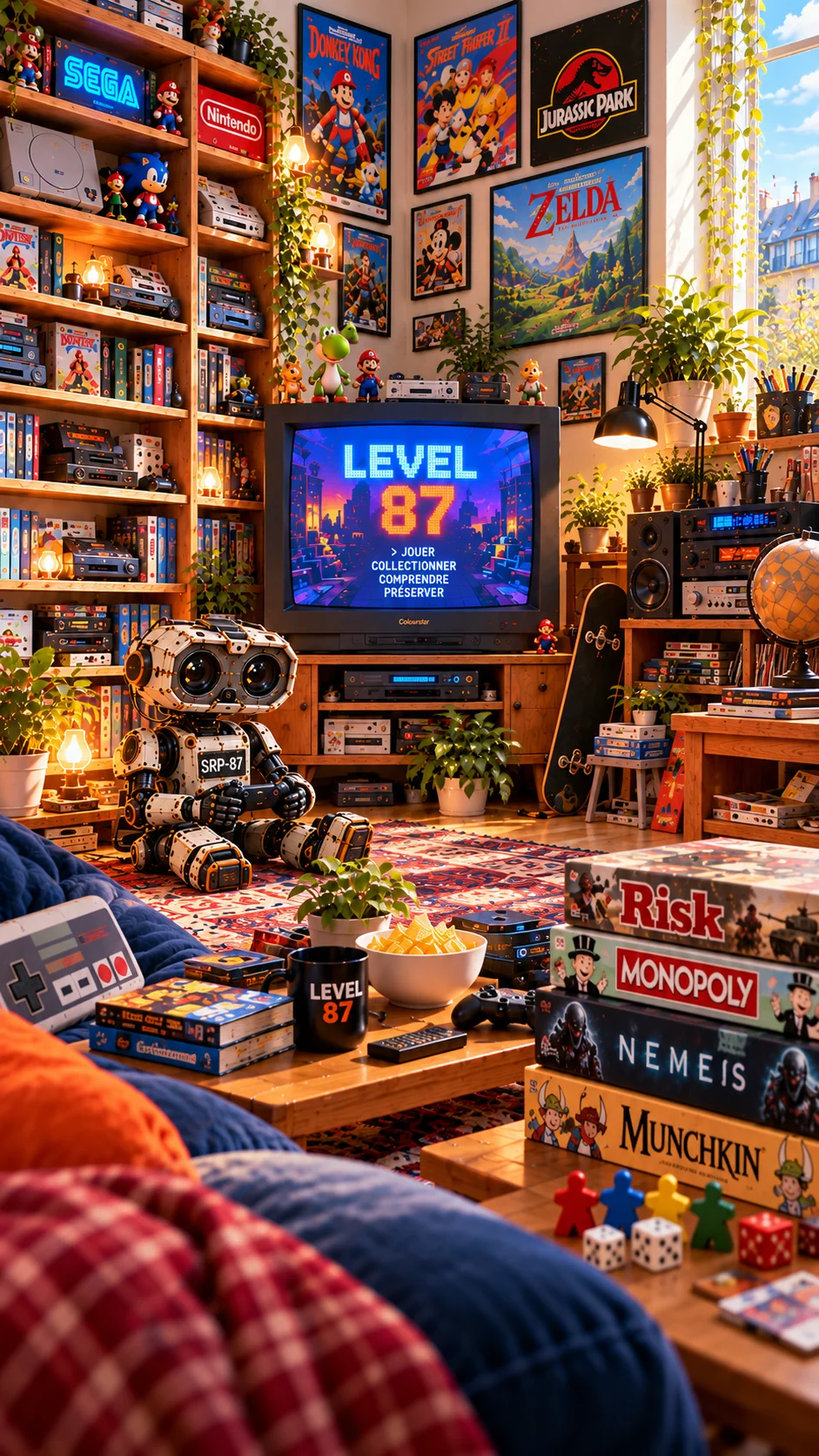 La chambre d'un collectionneur de jeux vidéo, vue verticale